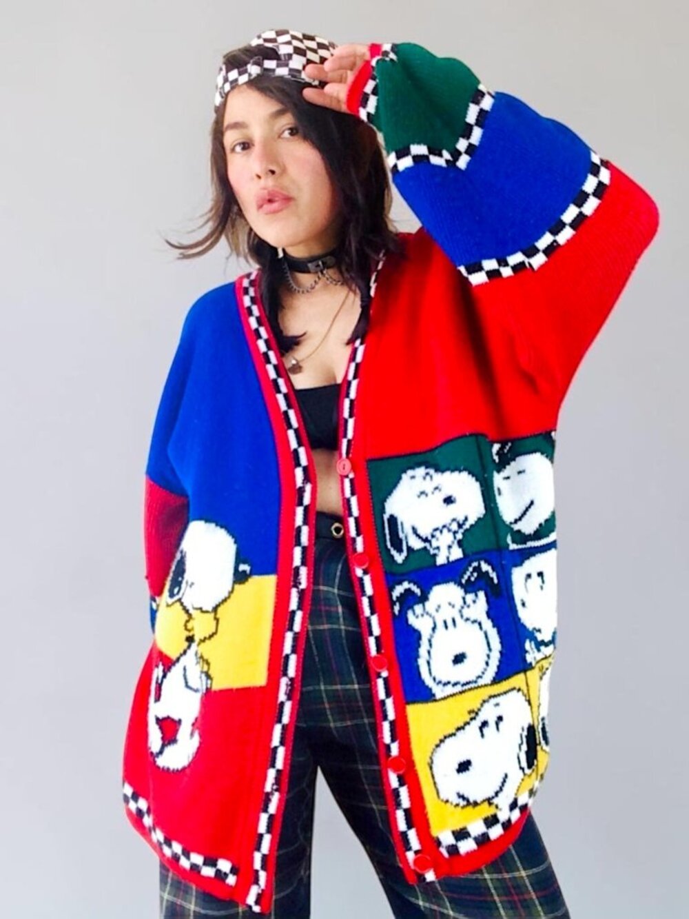 Rare Snoopy VTG 90s USA made fairy grunge goth colorblock knit cardigan 40 M/L